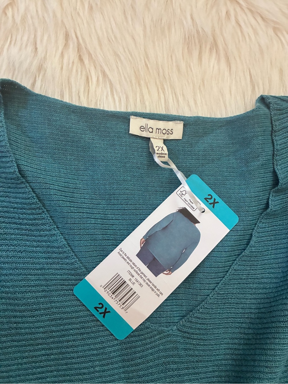 Ella Moss Teal Ribbed V-Neck Sweater